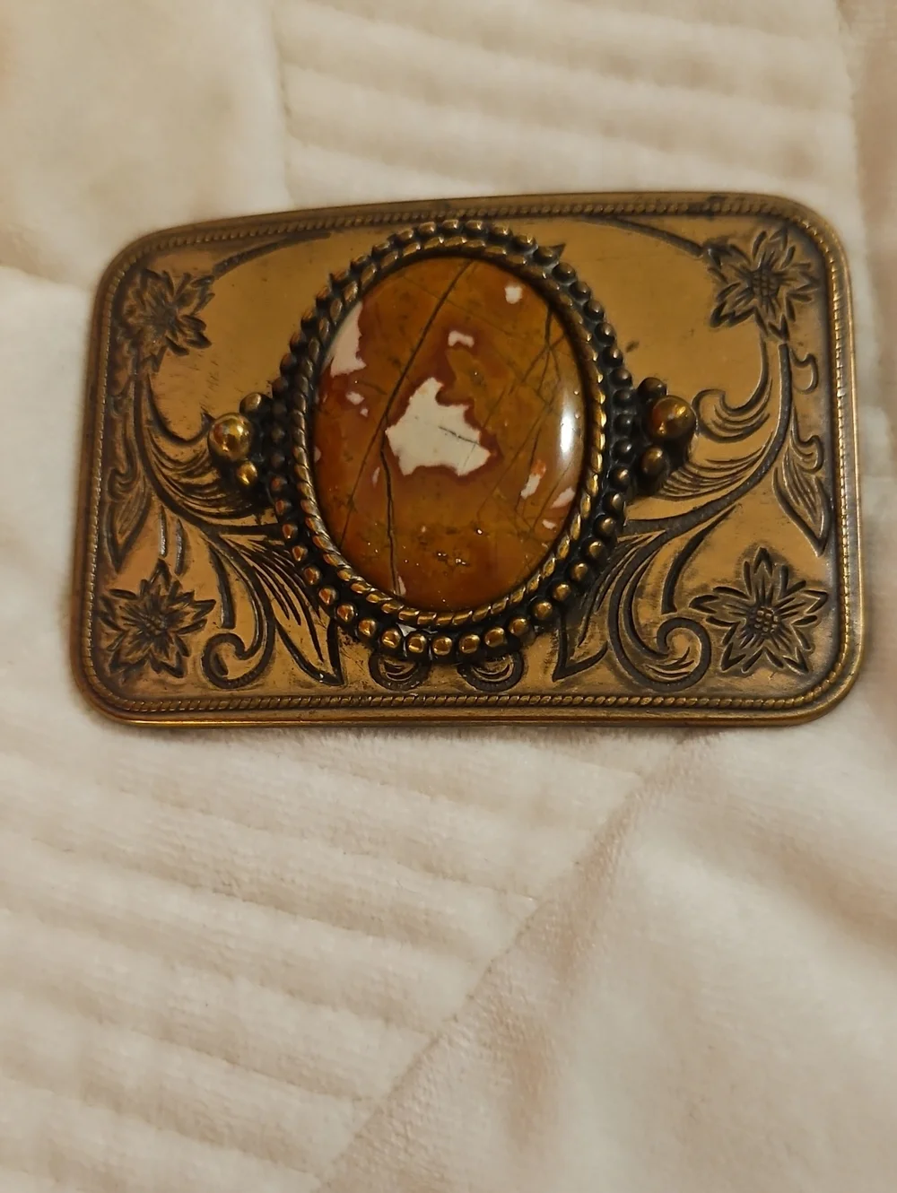 Ornate Brass Belt Buckle with Amber-Tone Stone